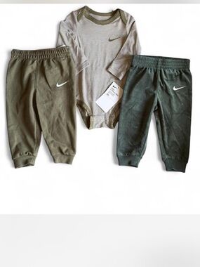 Nike Olive & Dark Green Baby Joggers with Striped Bodysuit
